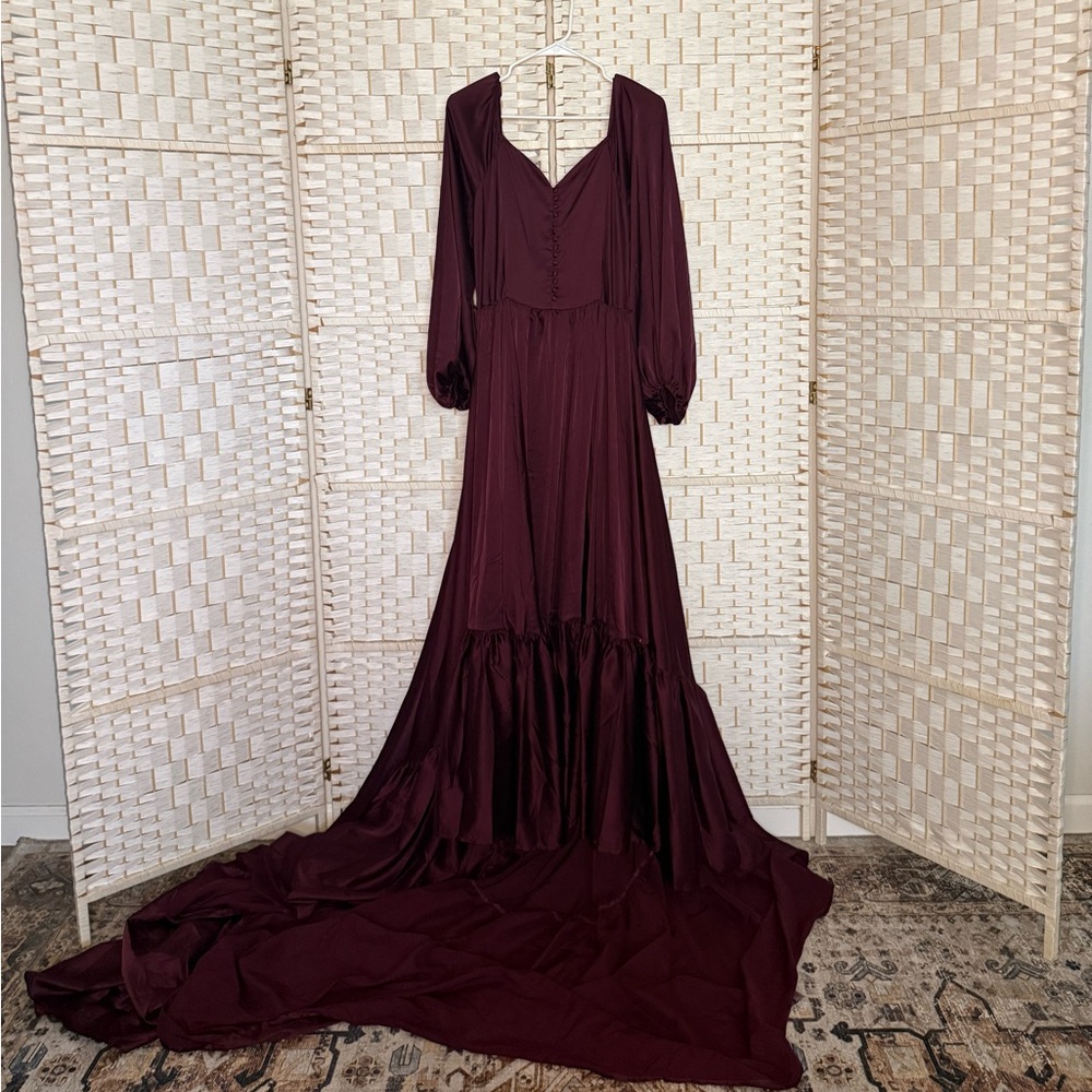 Joyfolie Impact Dress Long Sleeve Burgundy Maxi Dress with Button Front - Picture 3 of 3